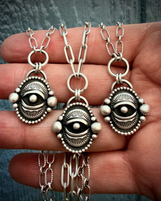 Handcrafted Evil Eye Sterling Silver Talisman Necklace -Textured Oval or Paperclip Chain-MADE TO ORDER