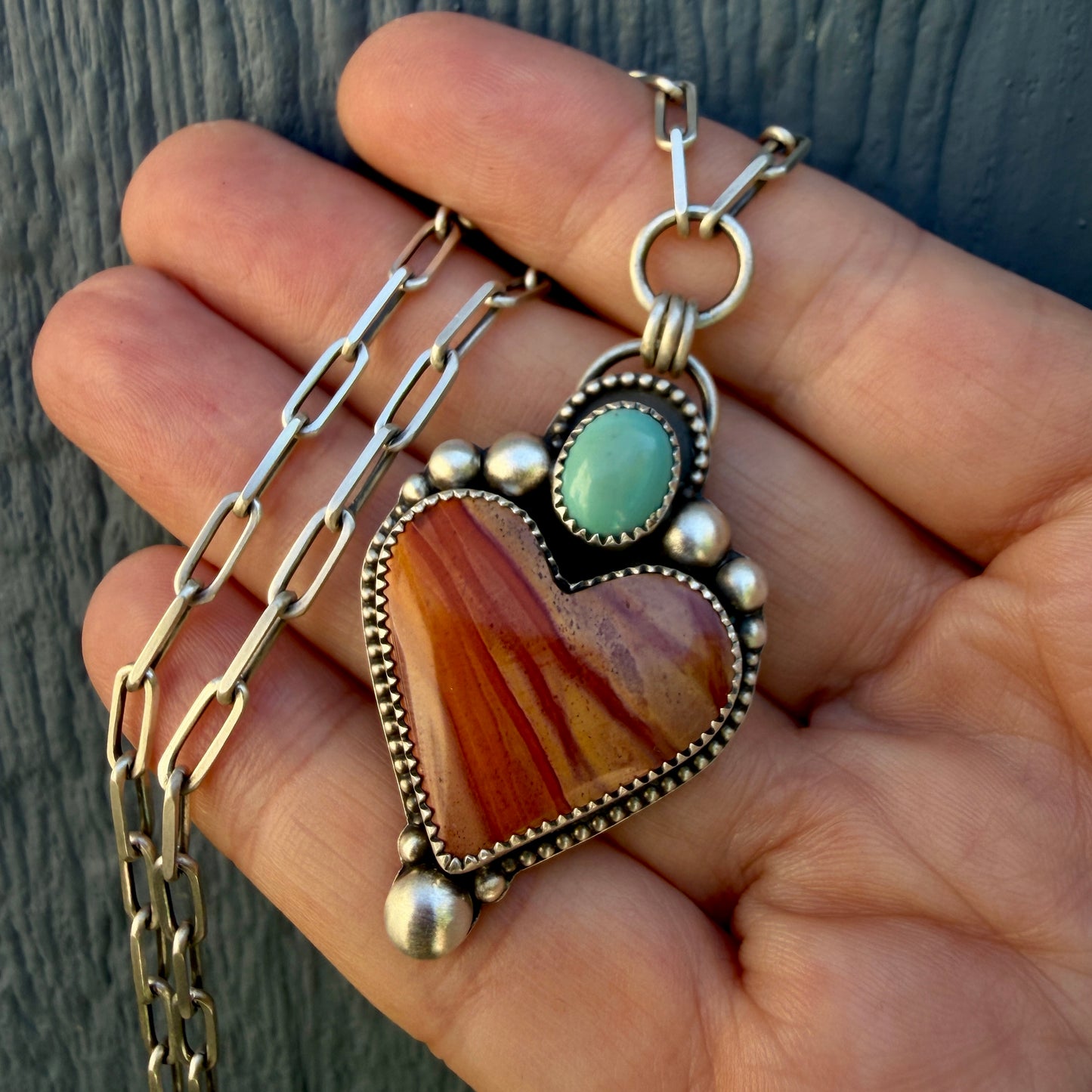 Polychrome Jasper and Sleeping Beauty Turquoise Paperclip Heart Necklace