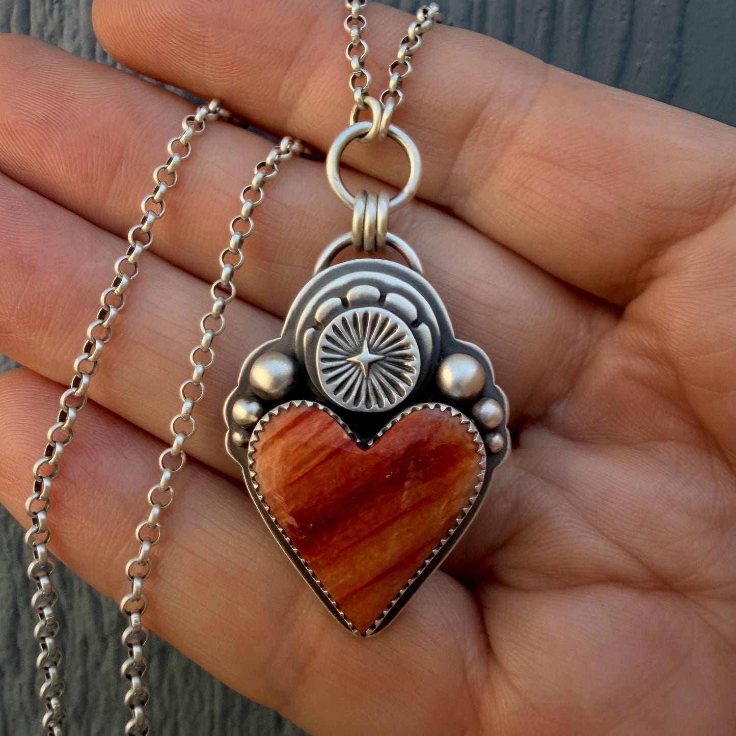 Spiny Oyster Shell Sacred Heart Hand Stamped Necklace