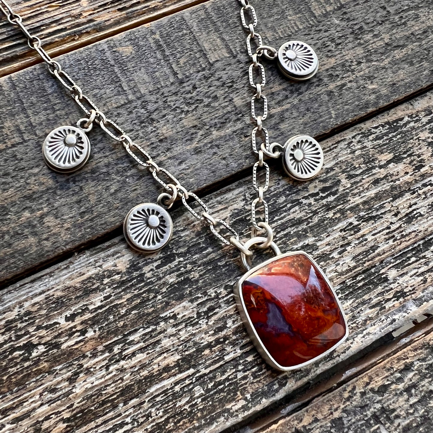 Moroccan agate hand stamped charm necklace