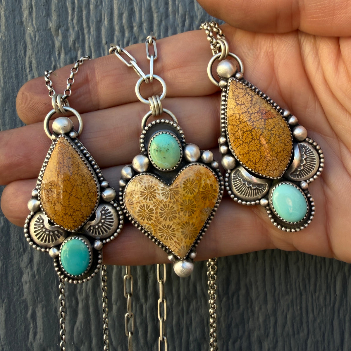Fossilized Coral and Lone Mountain Turquoise Paperclip Chain Heart Necklace