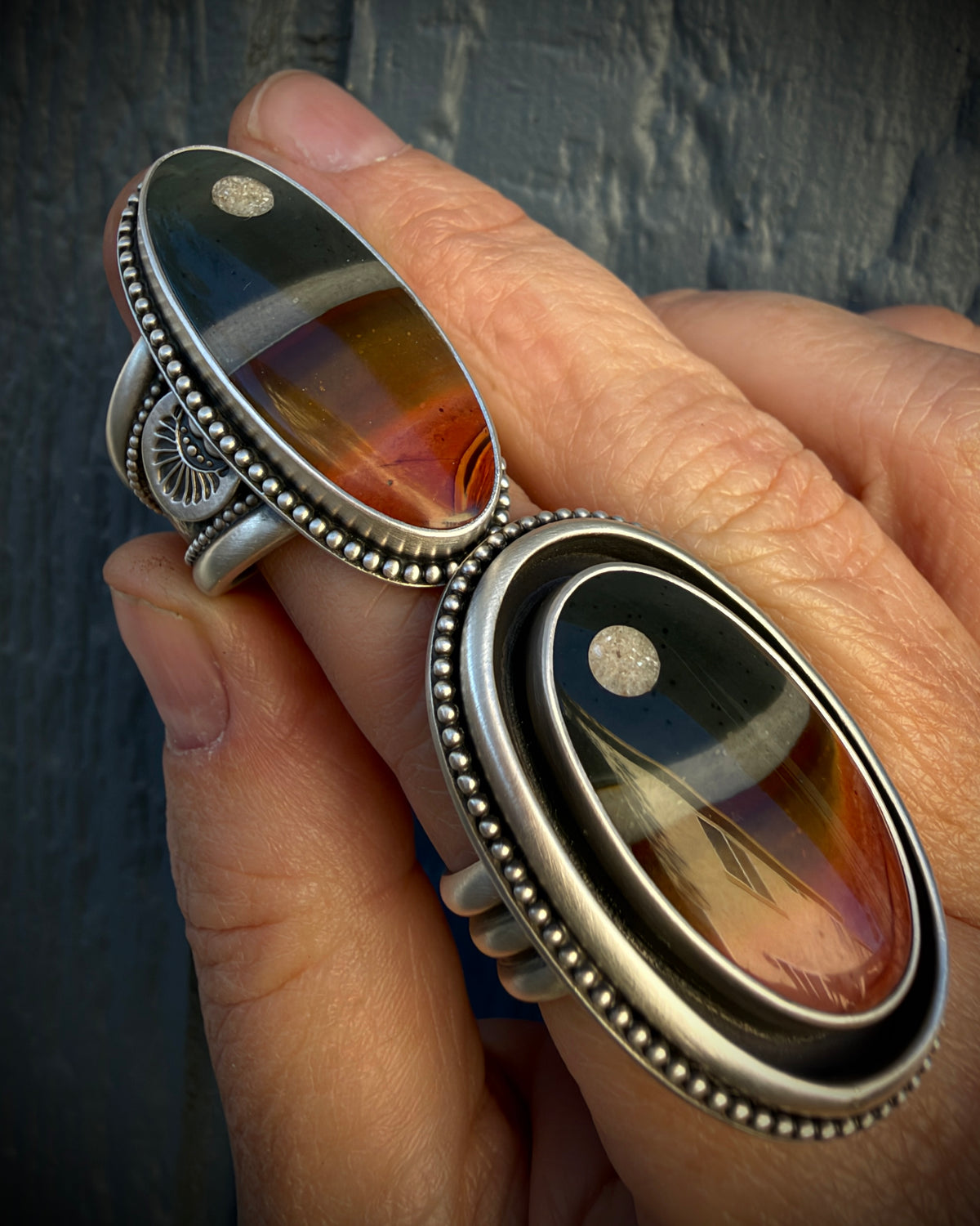 Polychrome Jasper Moonscape Hand Stamped Wide Band Ring Size 8