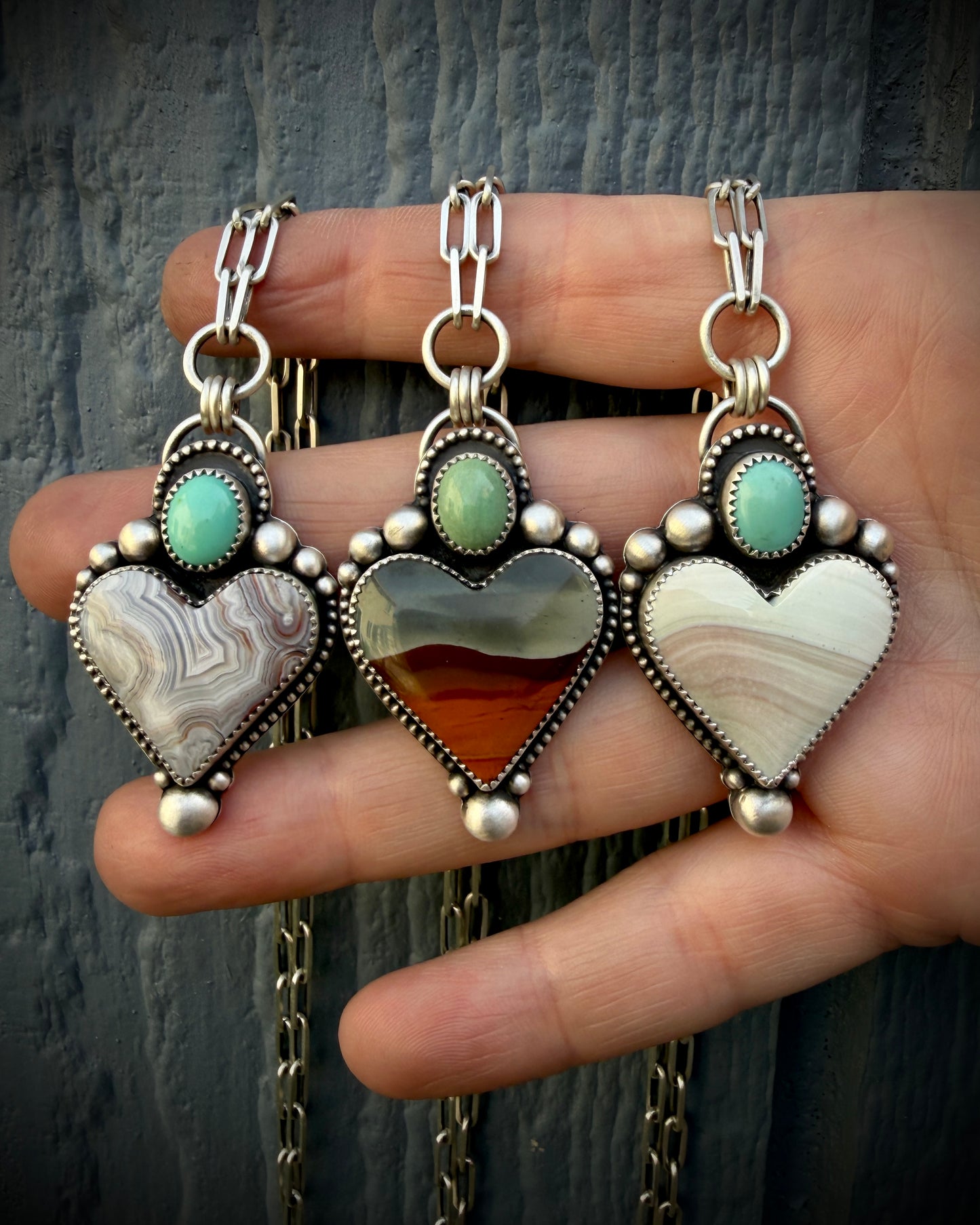 Polychrome Jasper and Sleeping Beauty Turquoise Sterling Silver Heart Necklace