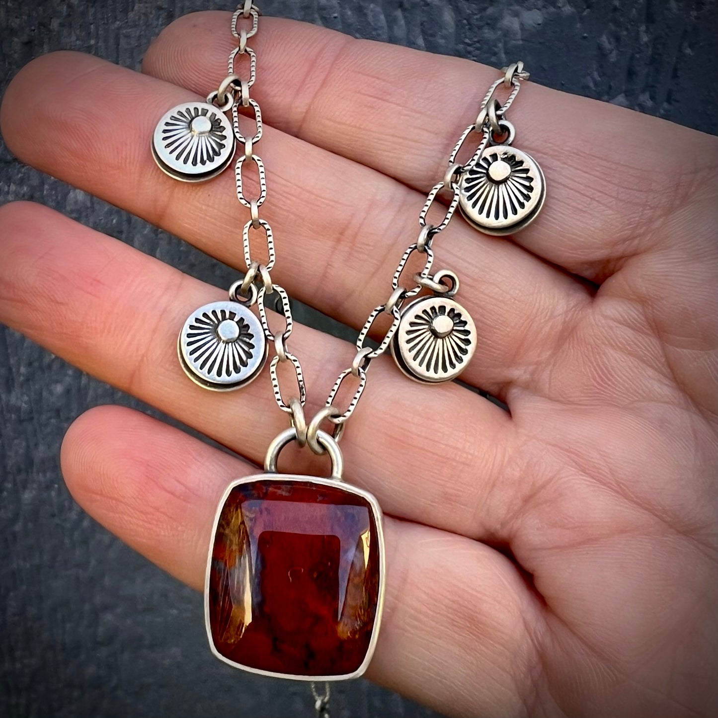 Moroccan agate hand stamped charm necklace