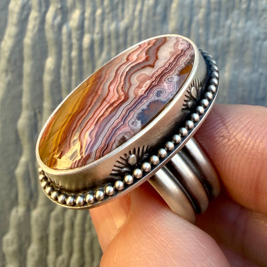 Laguna Lace Agate Ring – Sterling Silver Hand Stamped Size 9.25