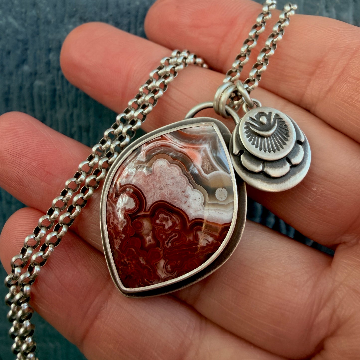 Laguna Lace Agate Hand Stamped Sterling Silver Medallion Necklace