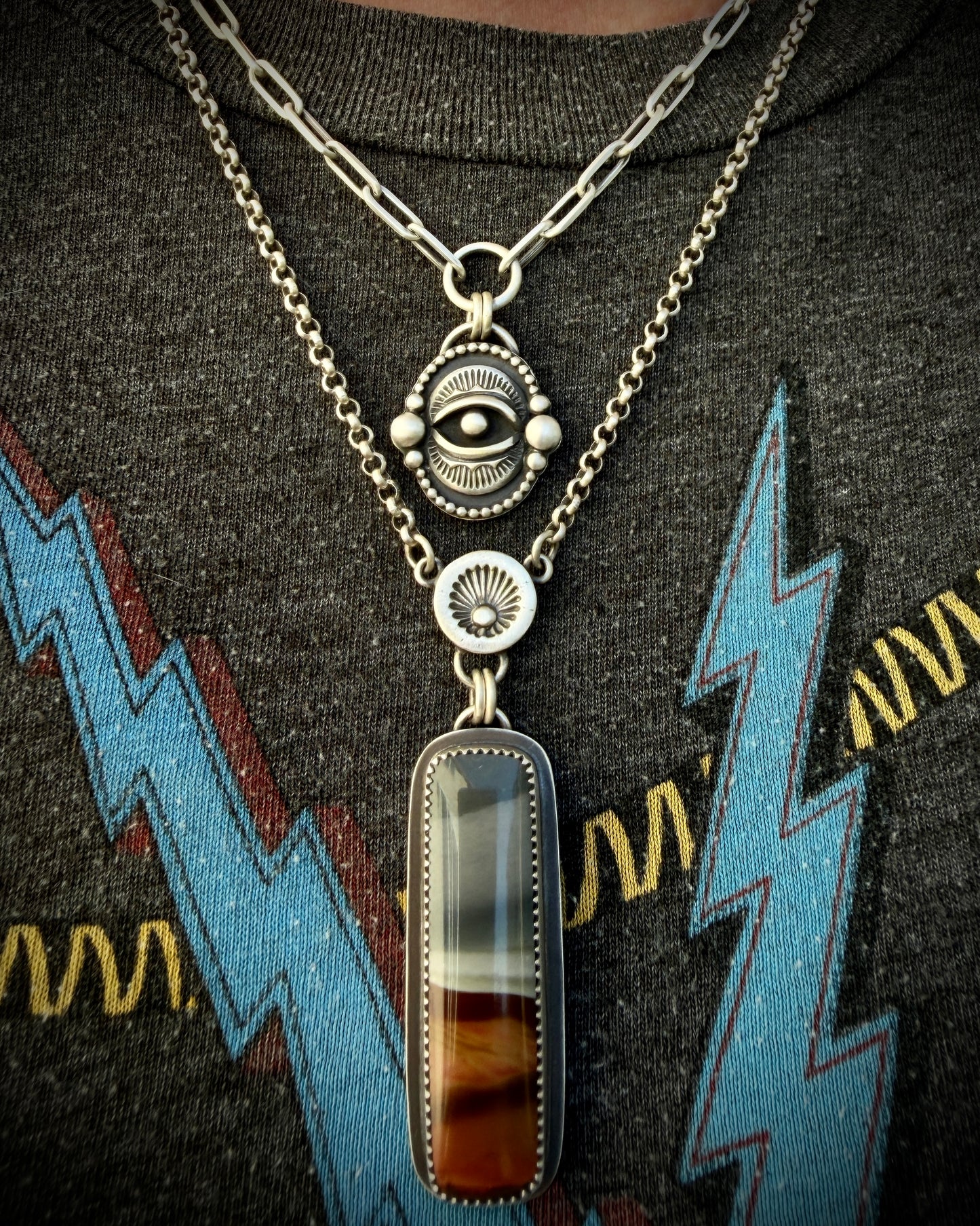 Handcrafted Evil Eye Sterling Silver Talisman Necklace -Textured Oval or Paperclip Chain-MADE TO ORDER