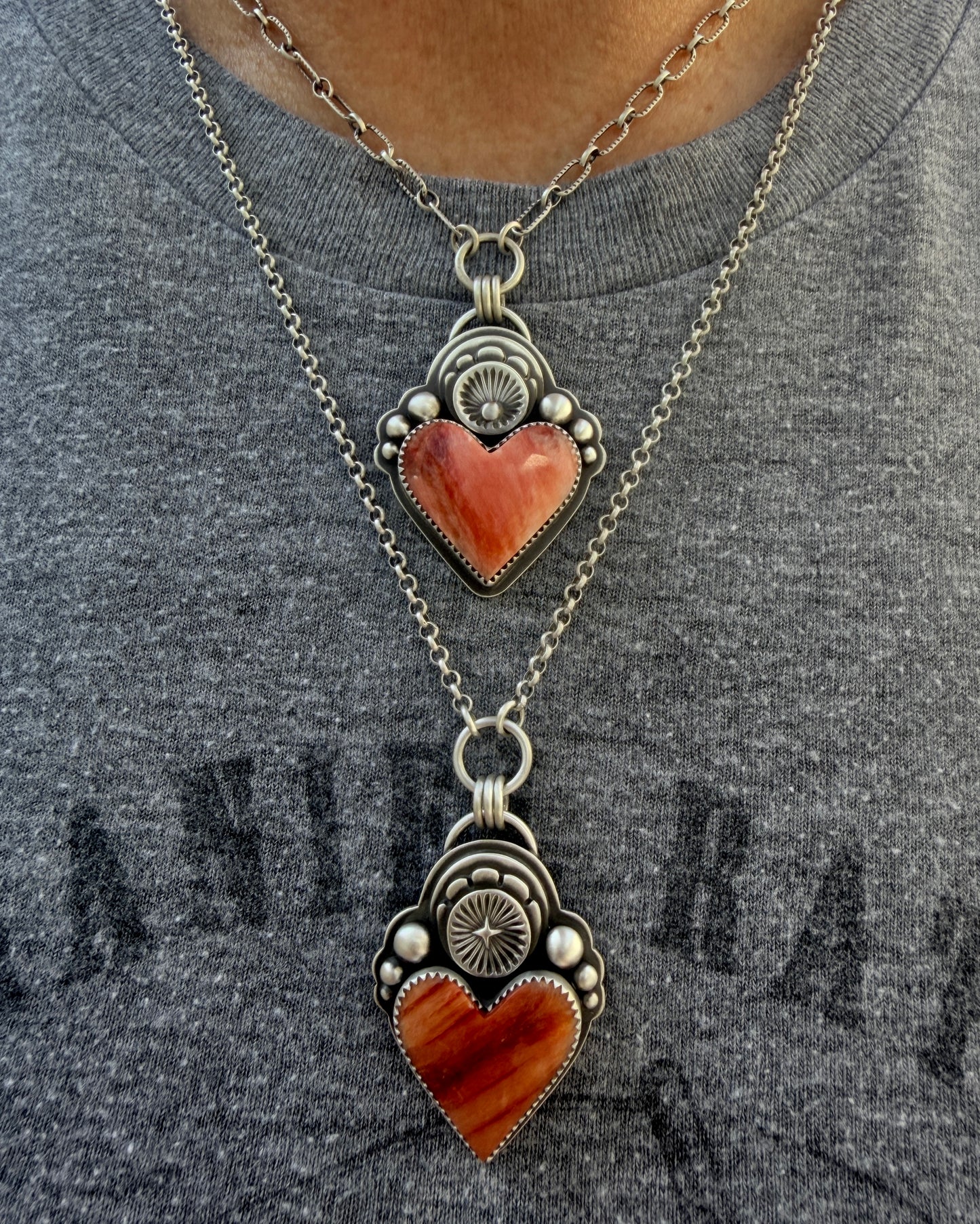 Spiny Oyster Shell Sacred Heart Hand Stamped Necklace