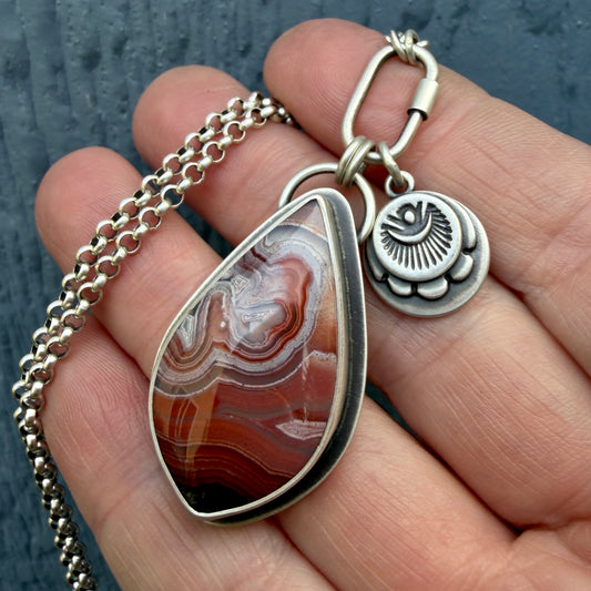 Laguna Lace Agate Hand Stamped Sterling Silver Medallion Necklace