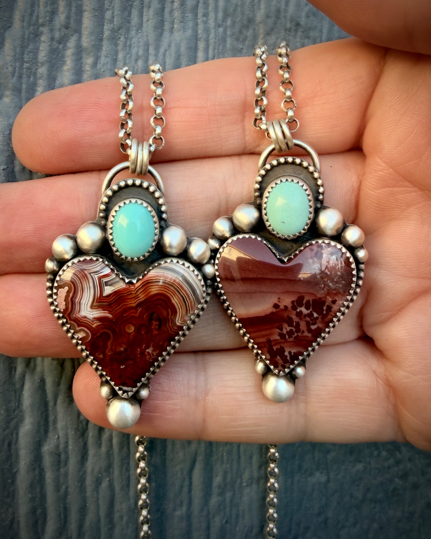 Laguna Lace Agate and Sleeping Beauty Turquoise Sterling Silver Heart Necklace