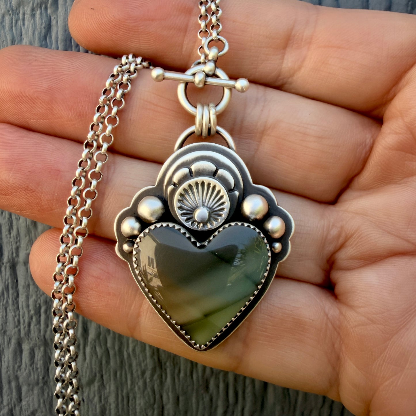 Imperial Jasper Sacred Heart Hand Stamped Toggle Necklace