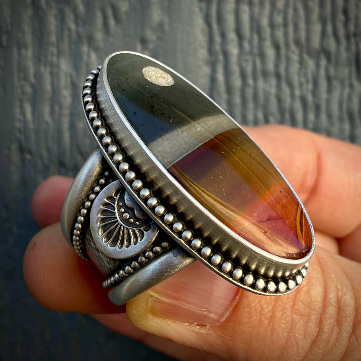 Polychrome Jasper Moonscape Hand Stamped Wide Band Ring Size 8