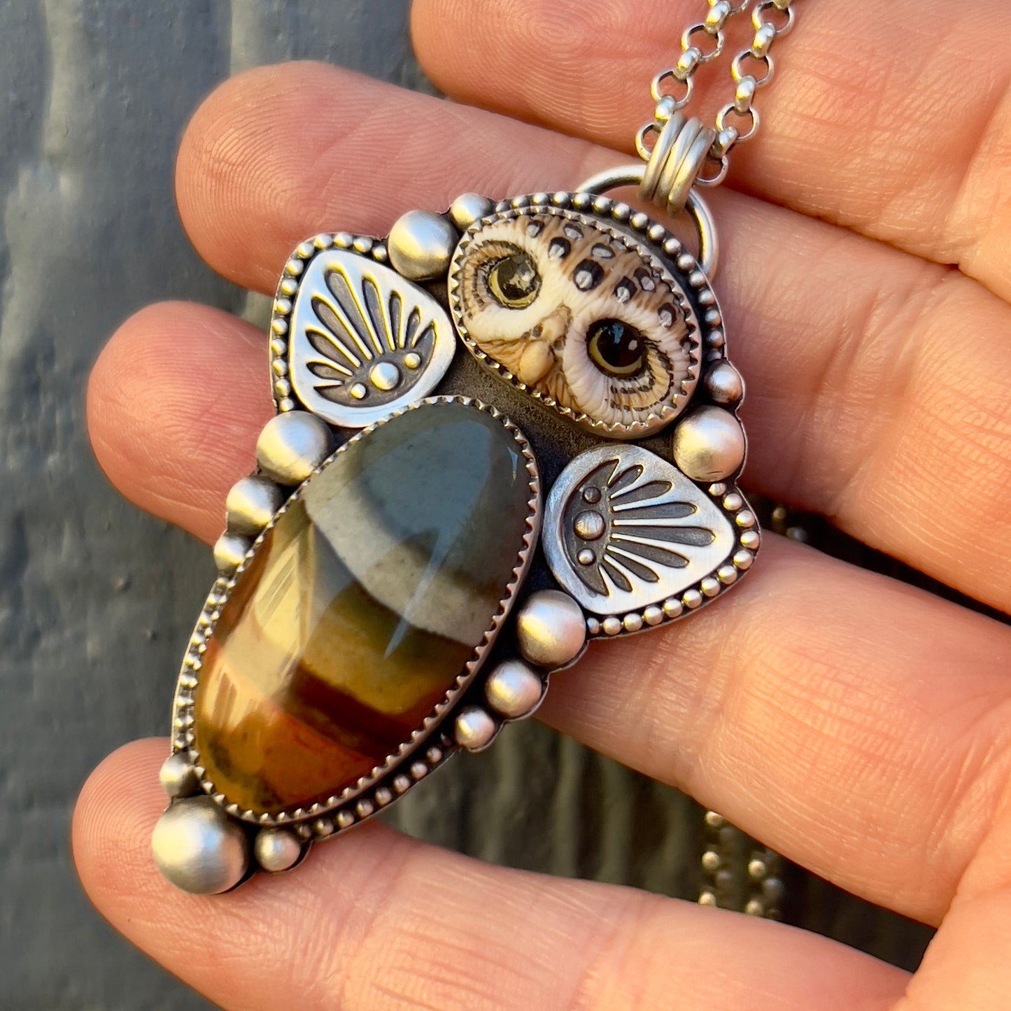 Laura Mears Athena Owl &  Polychrome Jasper Handcrafted Necklace