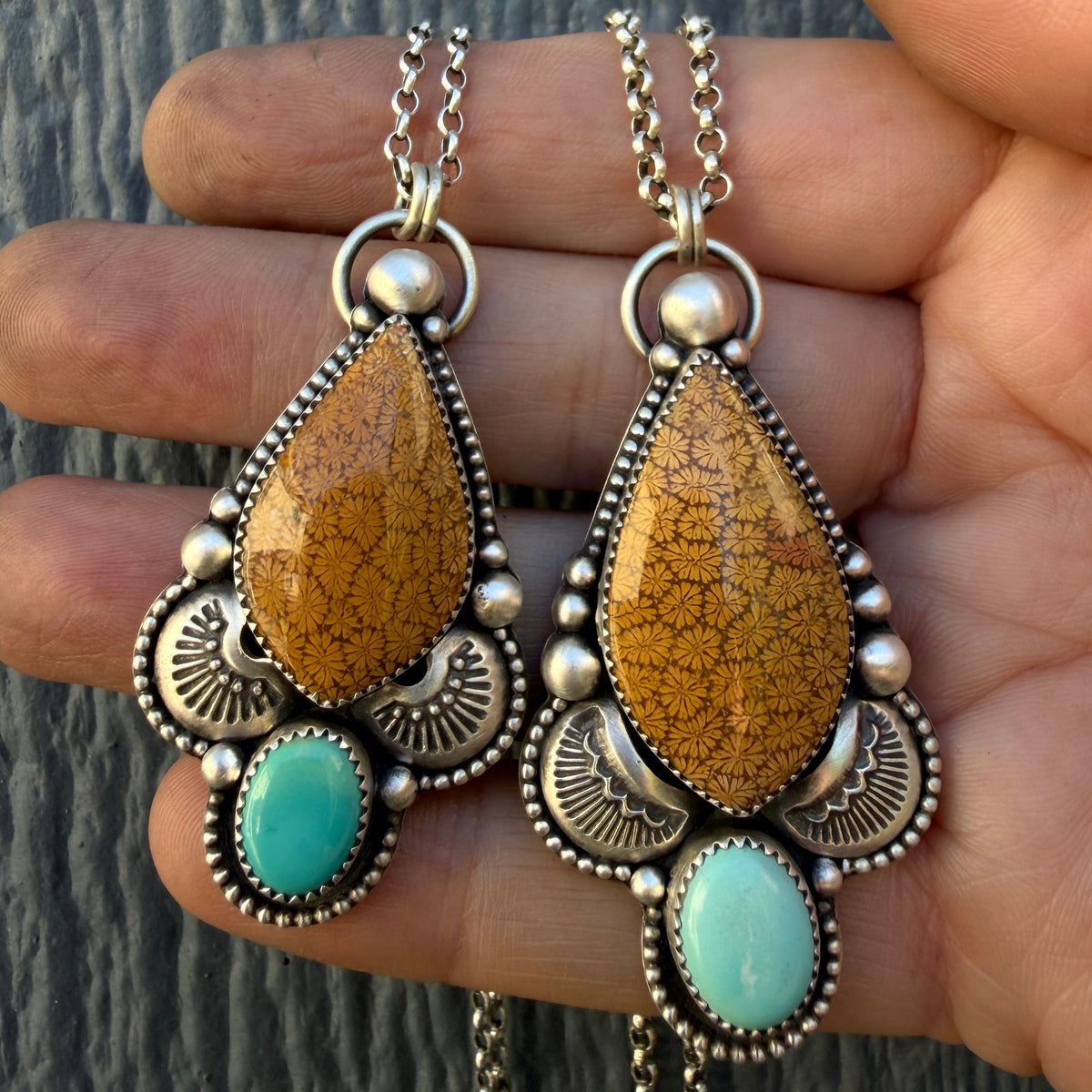 Fossilized Coral and Lone Mountain Turquoise Hand Stamped Necklace