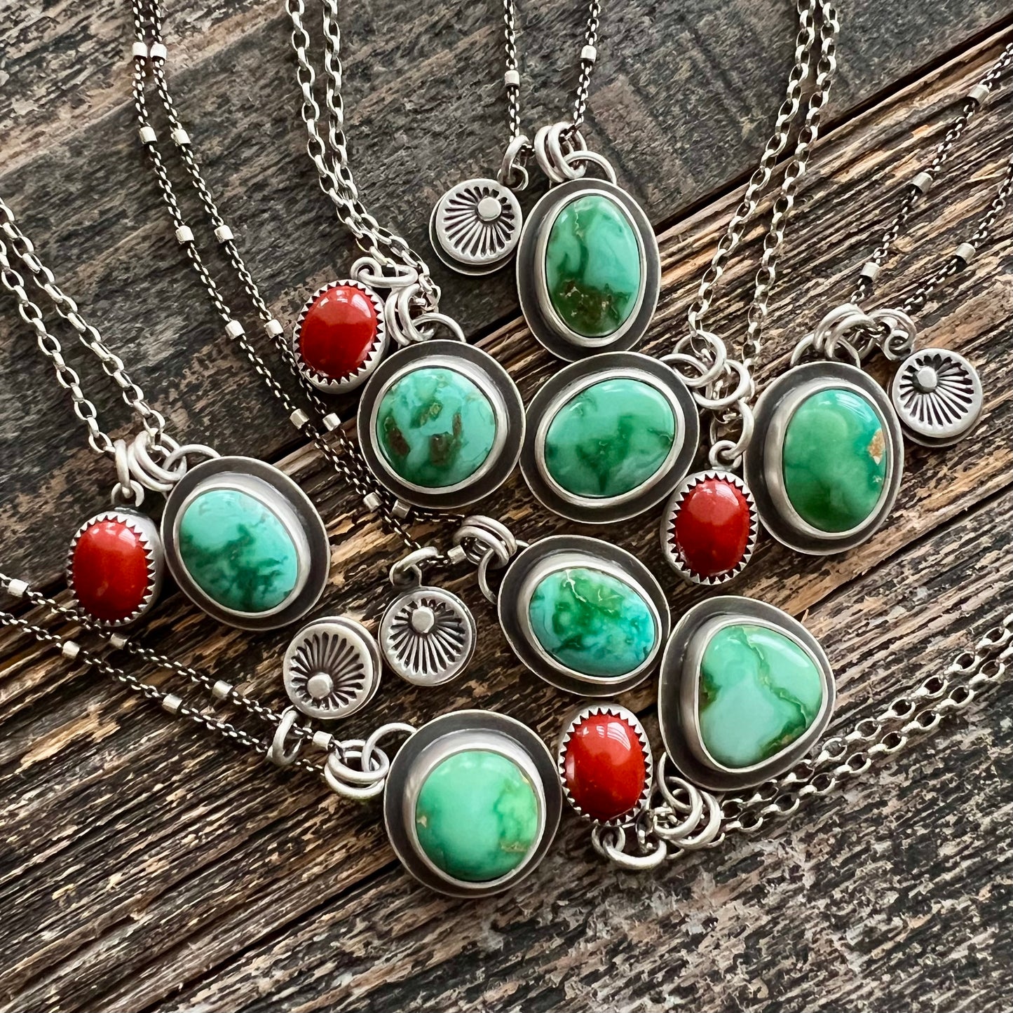 Emerald Valley turquoise and hand stamped sunburst charm necklace