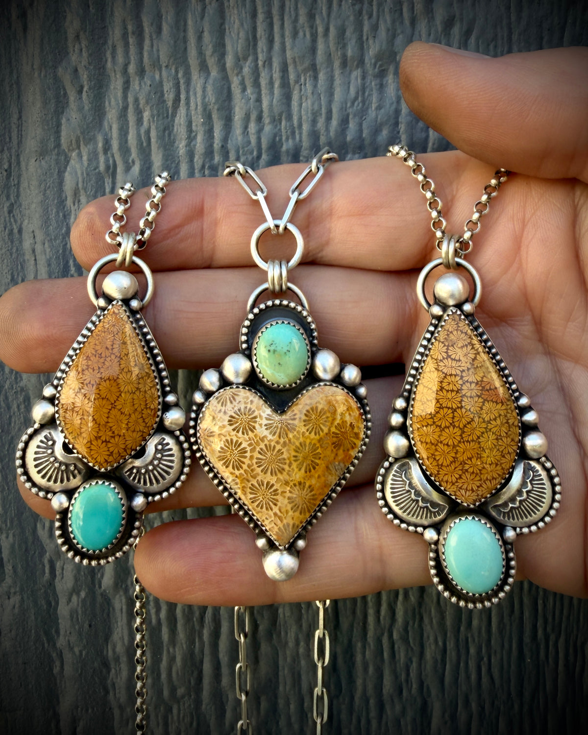 Fossilized Coral and Lone Mountain Turquoise Hand Stamped Necklace