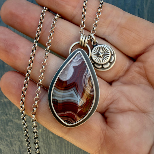 Laguna Lace Agate Hand Stamped Sterling Silver Medallion Necklace