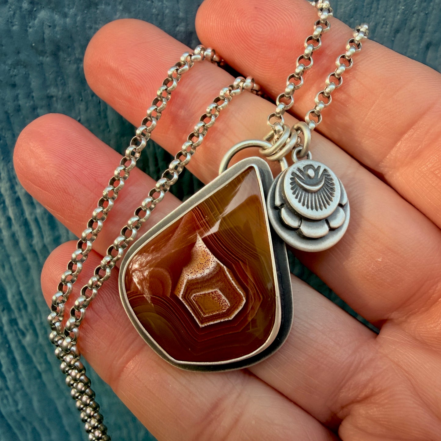 Agua Nueva Agate Hand Stamped Sterling Silver Medallion Necklace