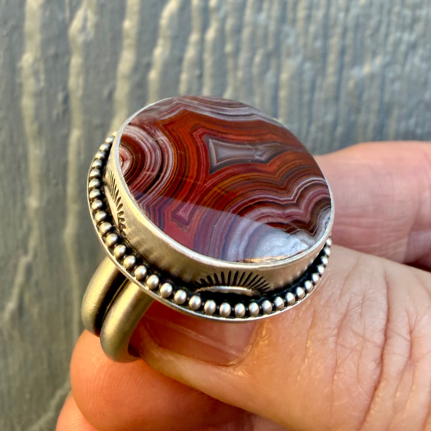 Laguna Lace Agate Ring – Sterling Silver Hand Stamped Size 10