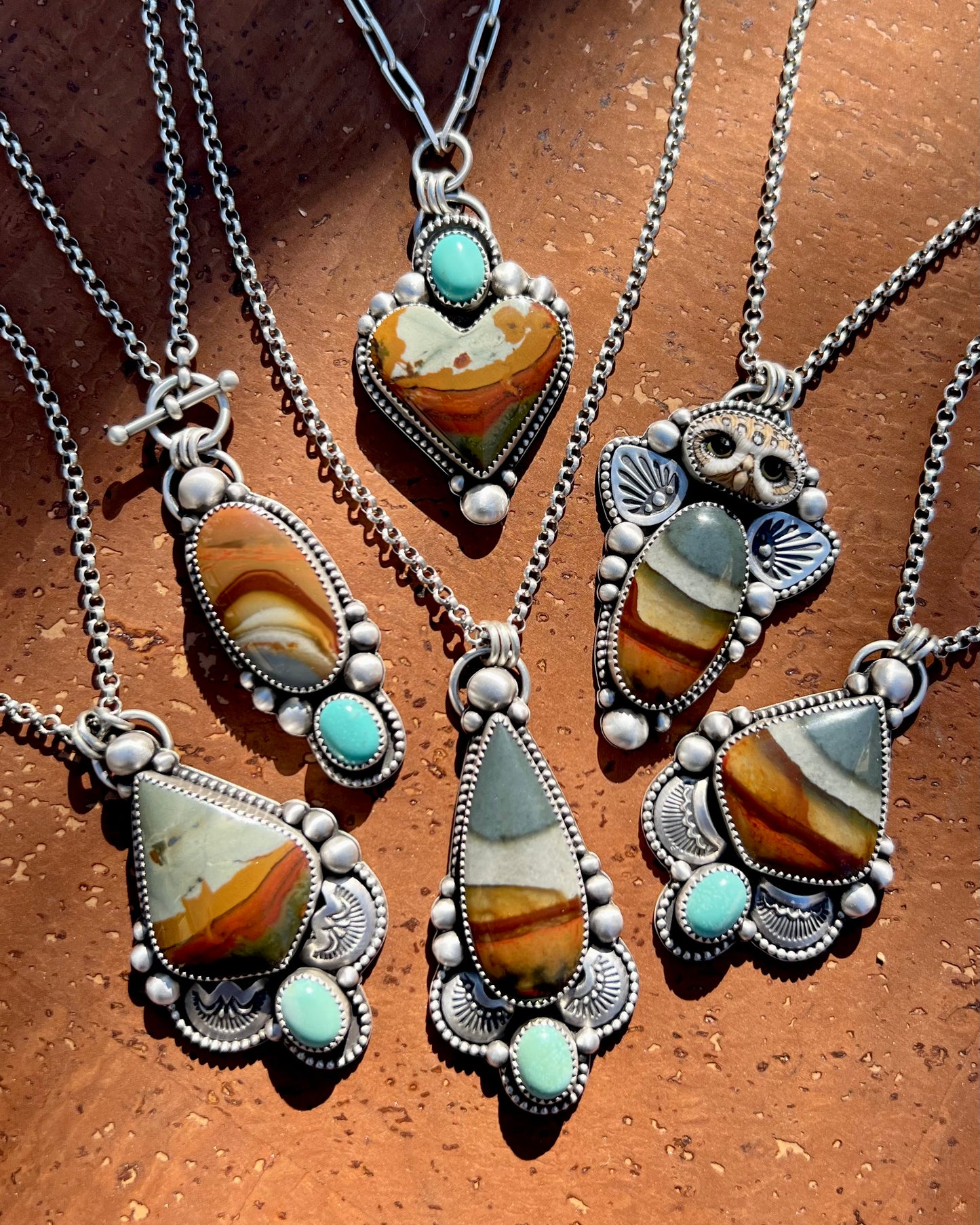 Laura Mears Athena Owl &  Polychrome Jasper Handcrafted Necklace