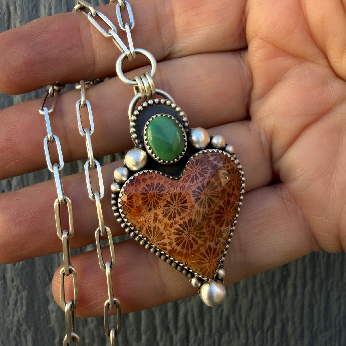 Fossilized Coral and Lone Mountain Turquoise Paperclip Chain Heart Necklace