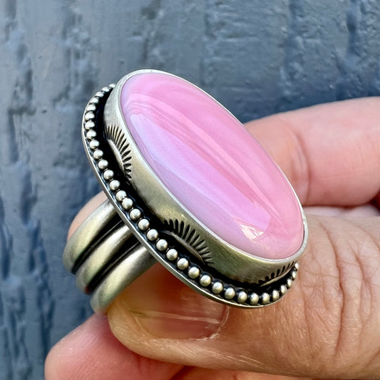 Pink Queen Conch Shell Statement Ring – Sterling Silver Hand Stamped Size 10