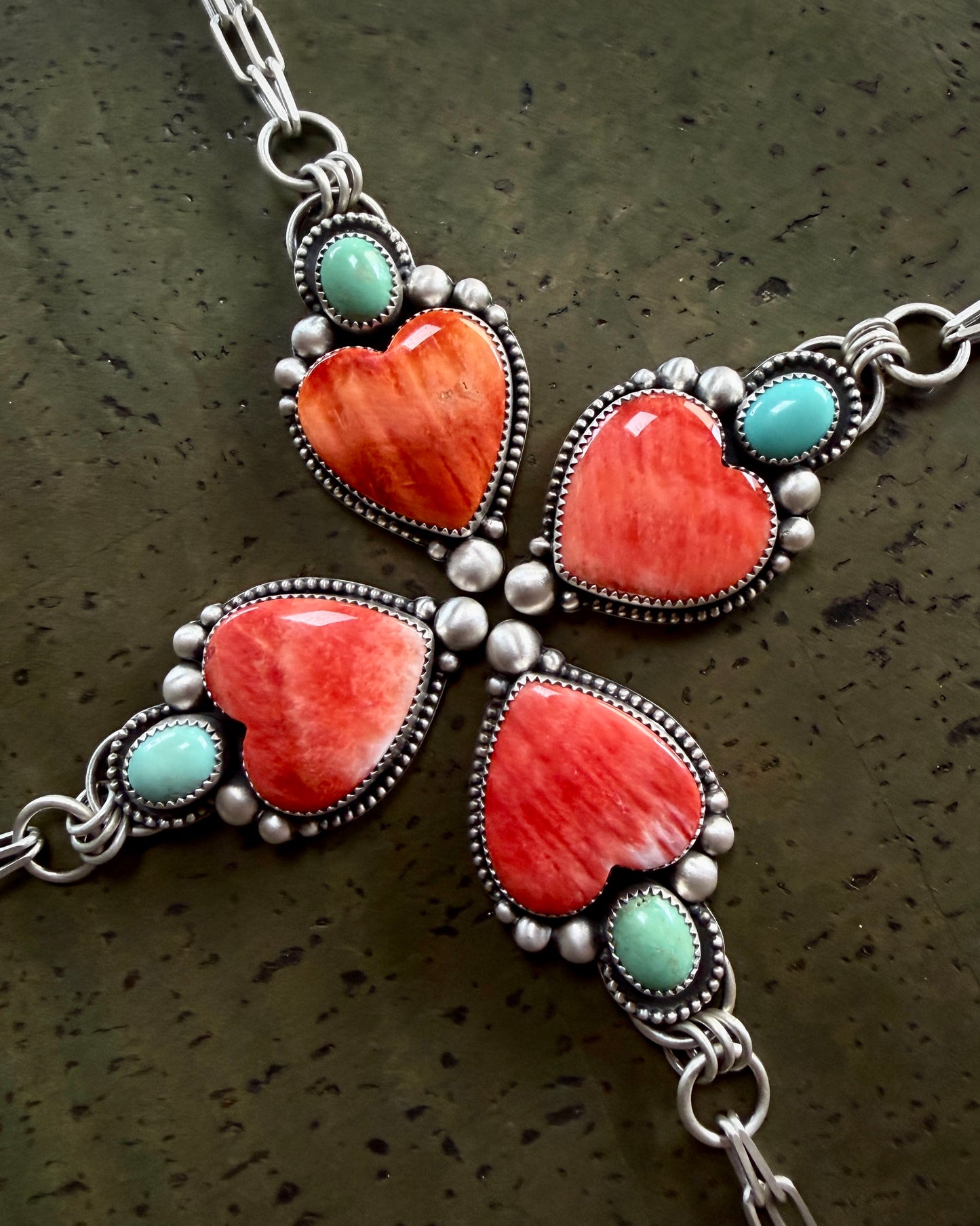 Red Spiny Oyster and Sleeping Beauty Turquoise Heart Necklace – Paperclip Chain
