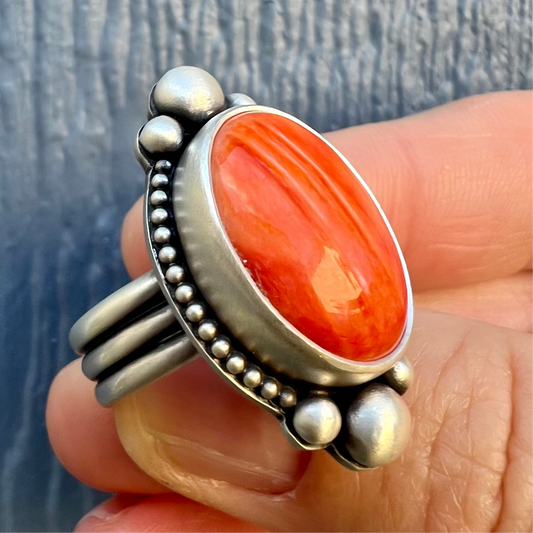 Orange Spiny Oyster Shell Ring size 7.75 – Fine & Sterling Silver, Handcrafted, Triple Band Design
