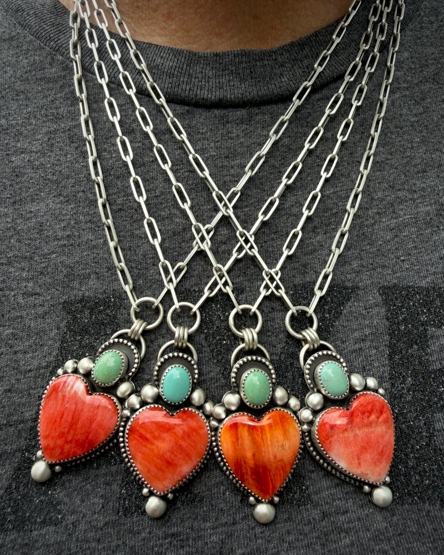 Red Spiny Oyster and Sleeping Beauty Turquoise Heart Necklace – Paperclip Chain
