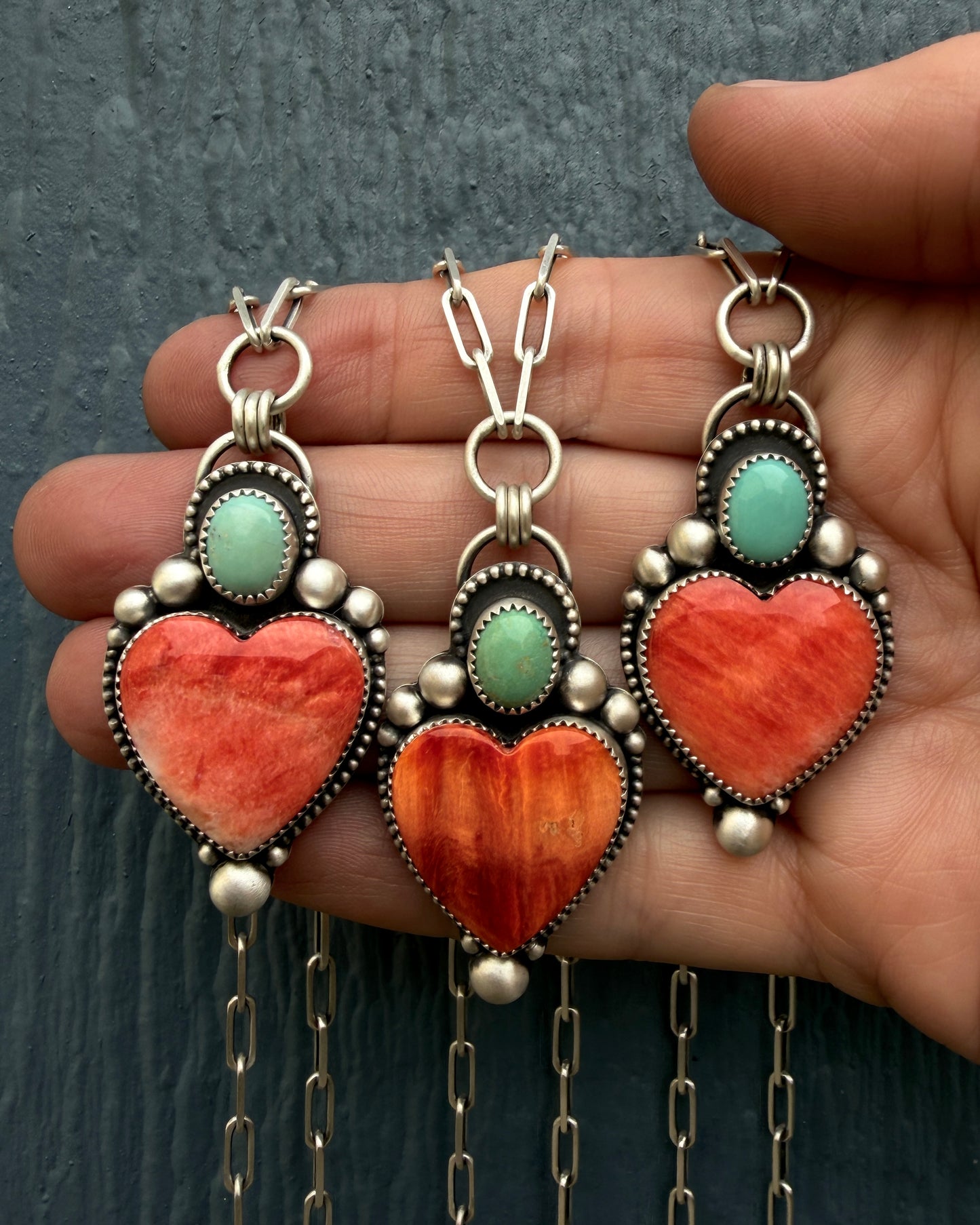 Red Spiny Oyster and Sleeping Beauty Turquoise Heart Necklace – Paperclip Chain