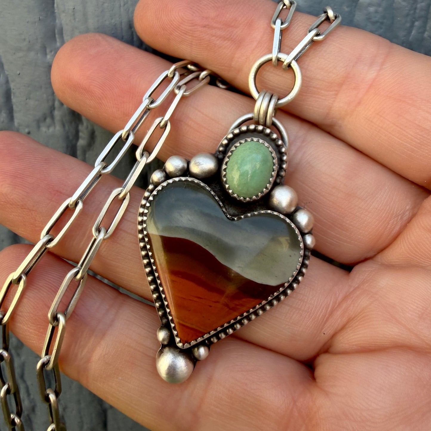 Polychrome Jasper and Sleeping Beauty Turquoise Sterling Silver Heart Necklace