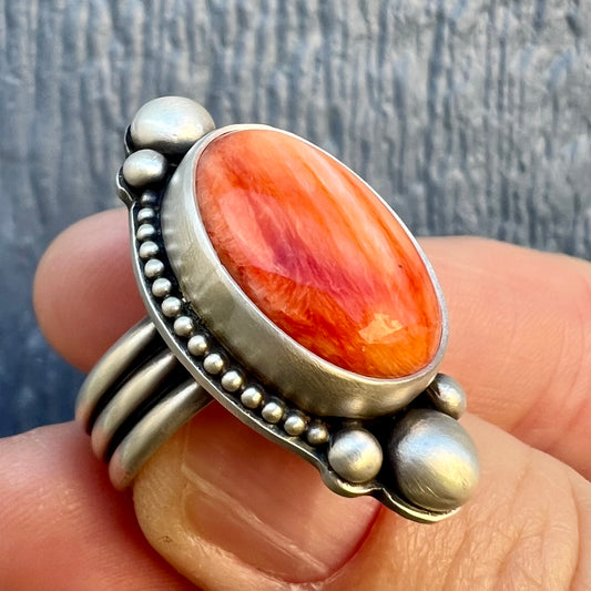 Orange Spiny Oyster Shell Ring size 6.75 – Fine & Sterling Silver, Handcrafted, Triple Band Design