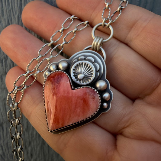 Spiny Oyster Shell Sacred Heart Hand Stamped Necklace