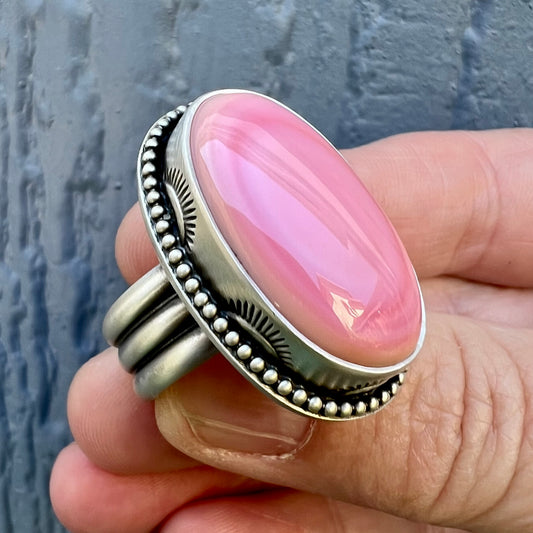 Pink Queen Conch Shell Statement Ring – Sterling Silver Hand Stamped Size 9