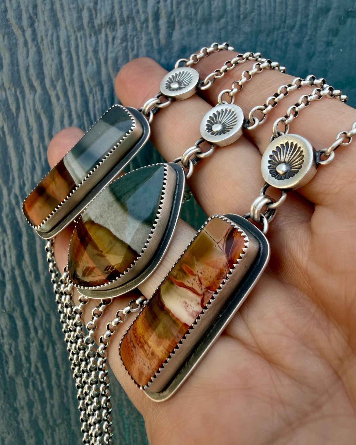 Polychrome Jasper Hand Stamped Sunburst Drop Necklace-Sterling & Fine Silver