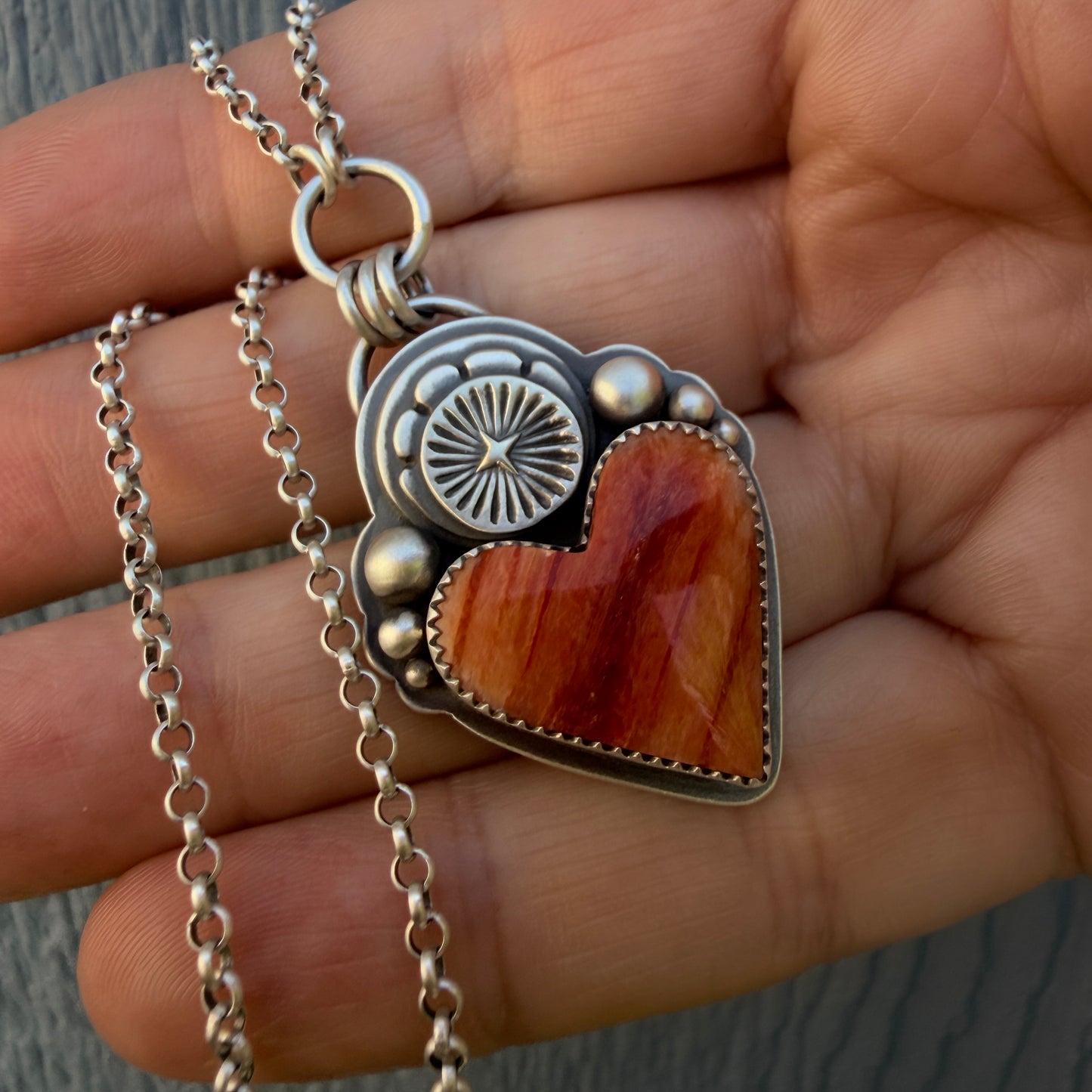 Spiny Oyster Shell Sacred Heart Hand Stamped Necklace