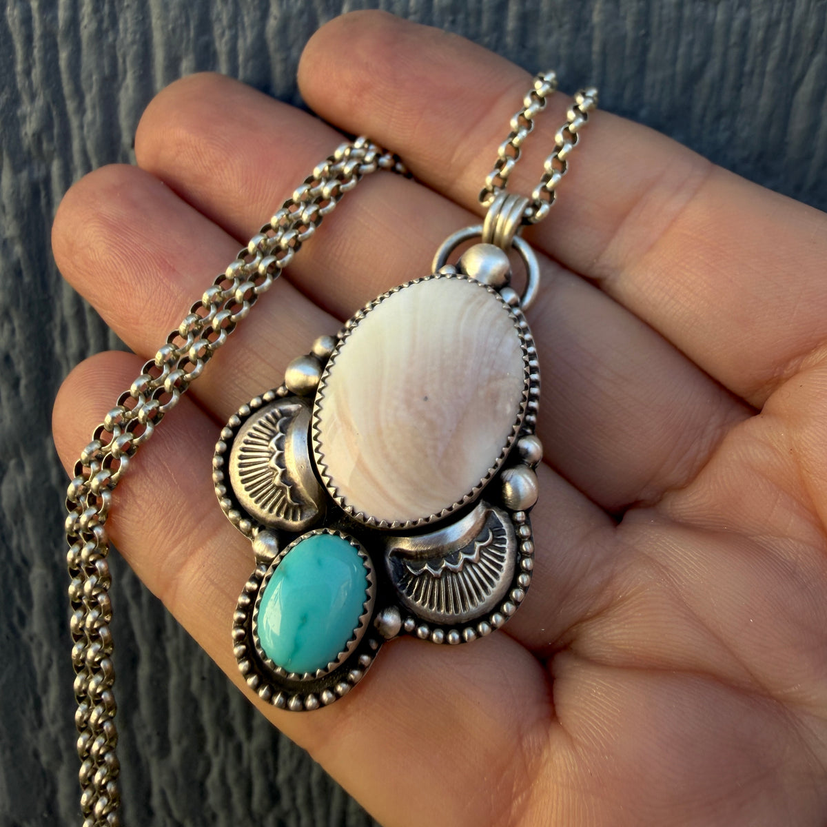 Shiva Shell and Lone Mountain Turquoise Hand Stamped Necklace