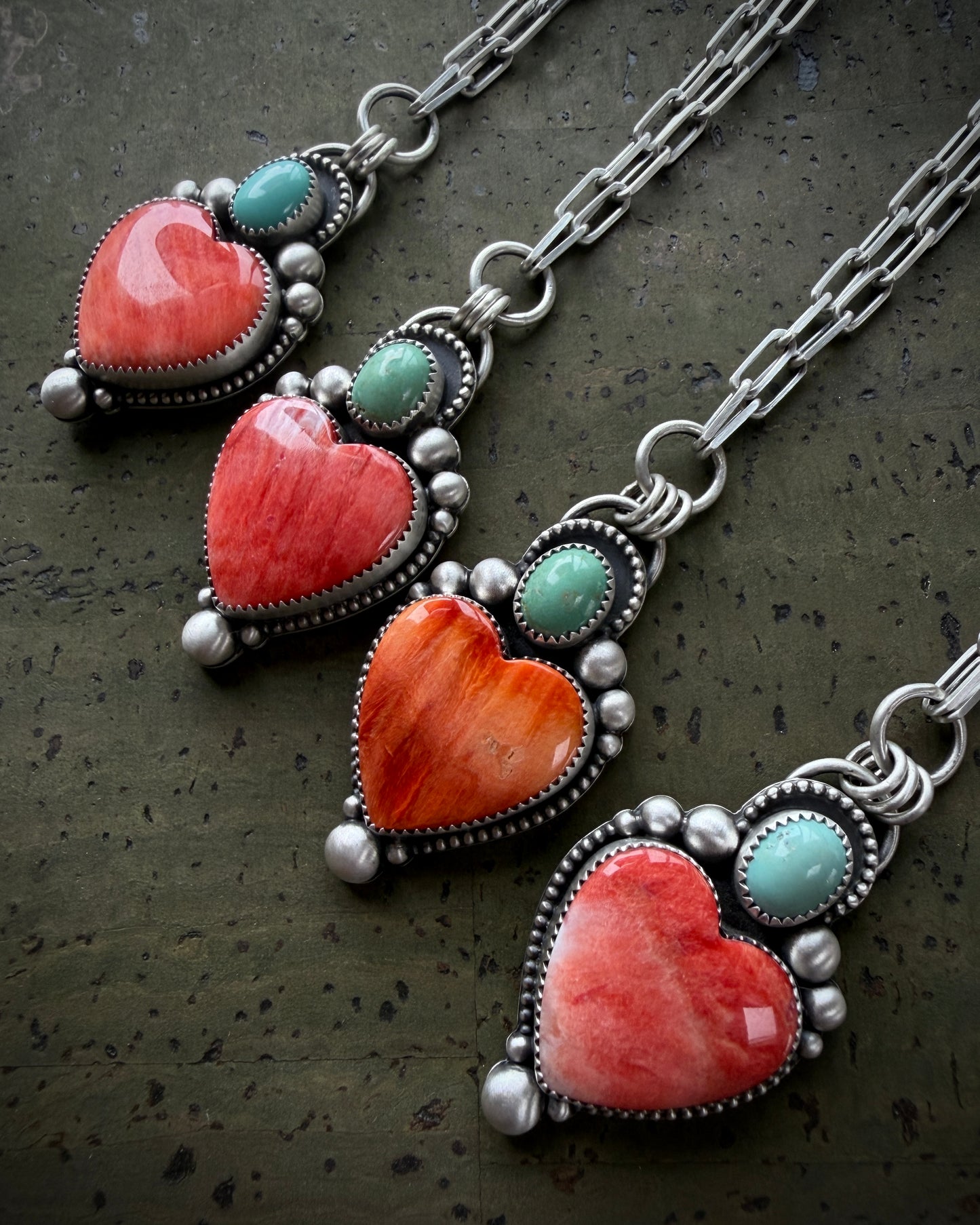 Red Spiny Oyster and Sleeping Beauty Turquoise Heart Necklace – Paperclip Chain