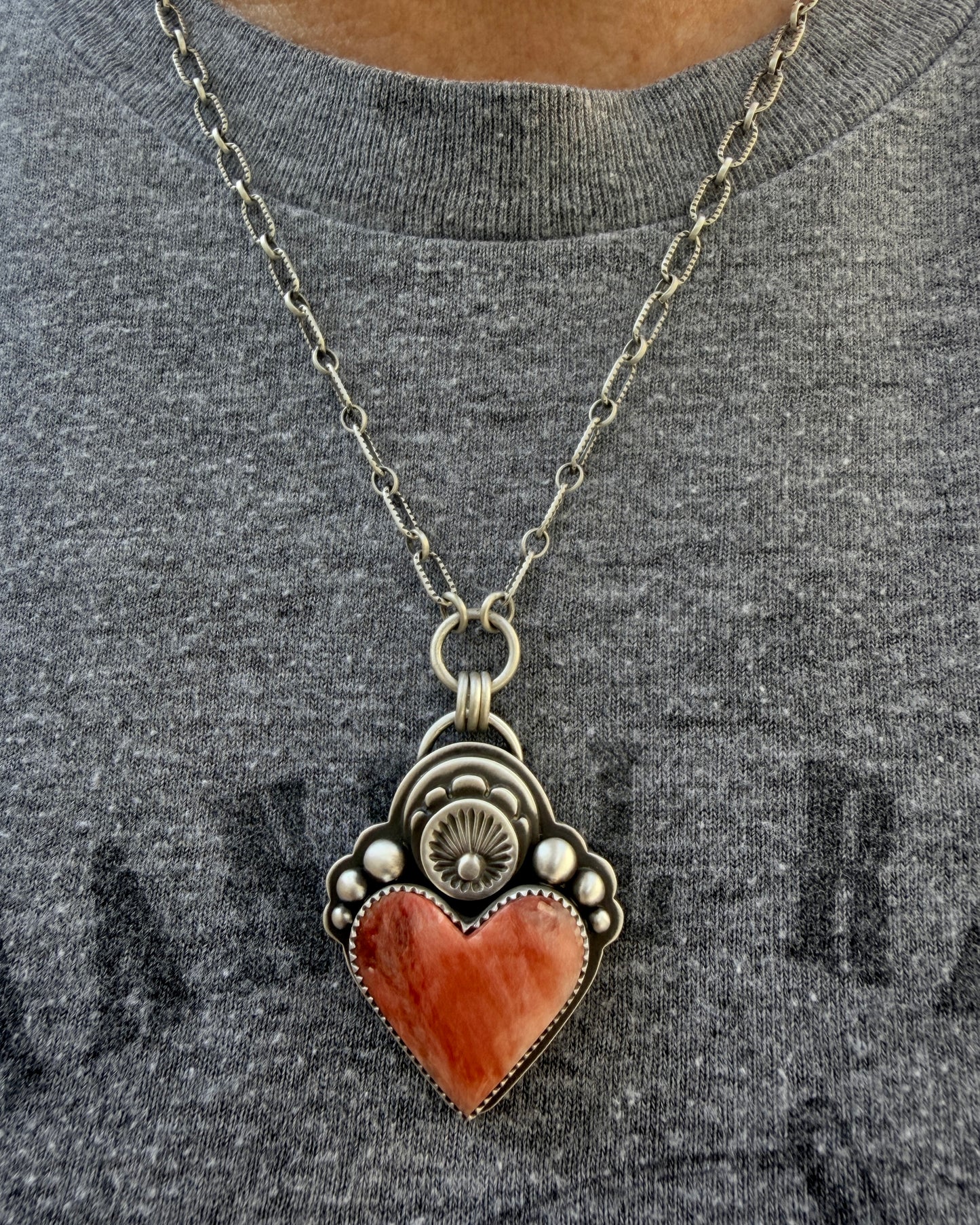 Spiny Oyster Shell Sacred Heart Hand Stamped Necklace