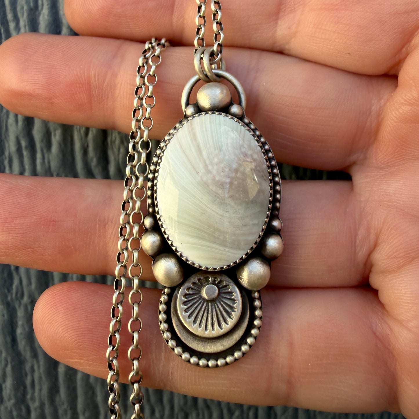 Shiva Shell Hand Stamped Oval Necklace – Handcrafted Sterling & Fine Silver