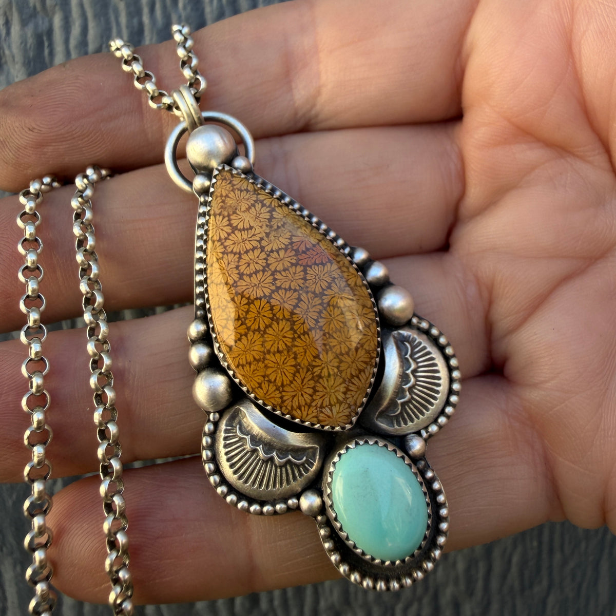Fossilized Coral and Lone Mountain Turquoise Hand Stamped Necklace