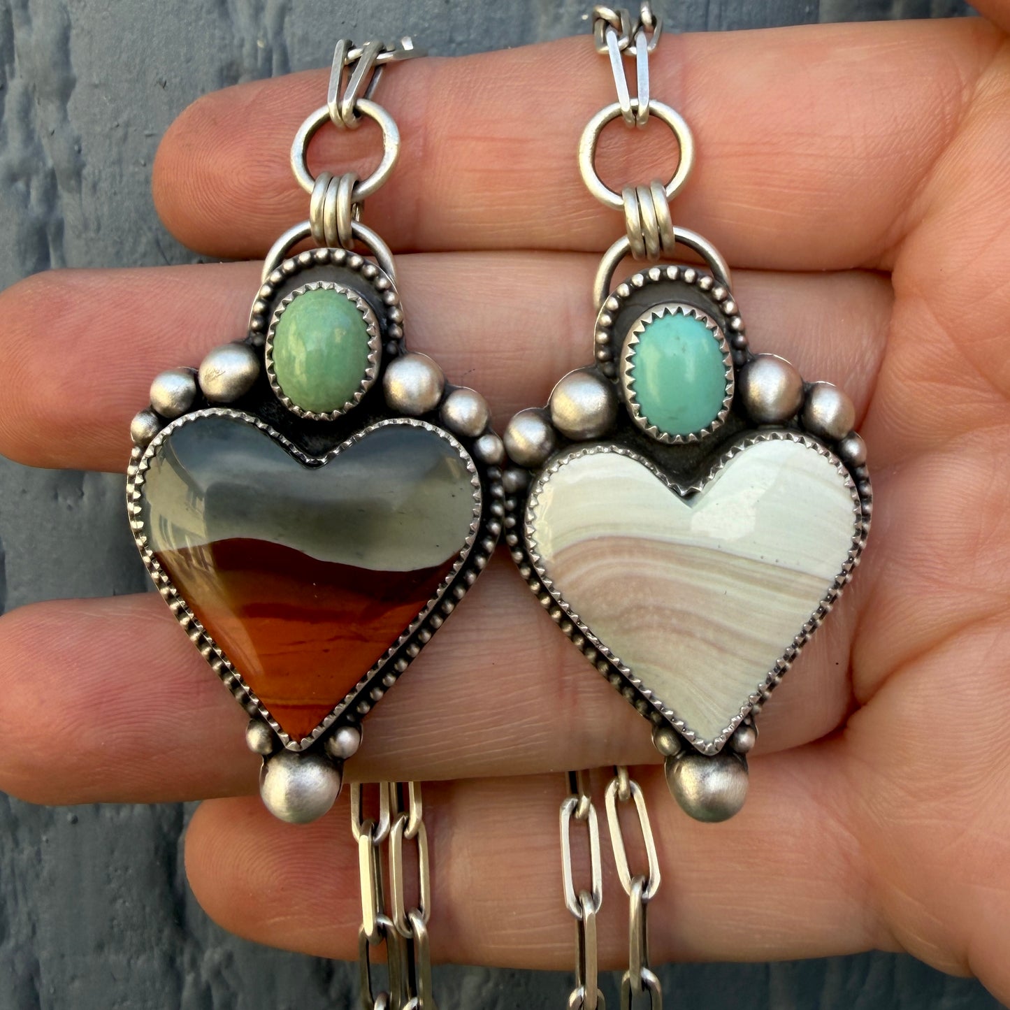 Polychrome Jasper and Sleeping Beauty Turquoise Sterling Silver Heart Necklace