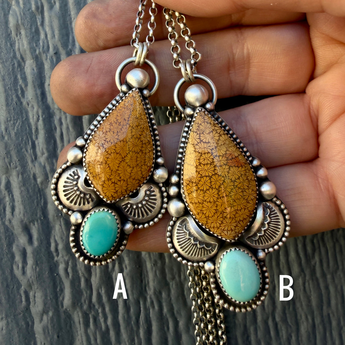 Fossilized Coral and Lone Mountain Turquoise Hand Stamped Necklace
