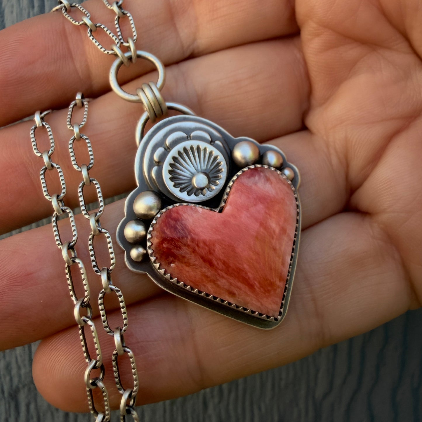 Spiny Oyster Shell Sacred Heart Hand Stamped Necklace