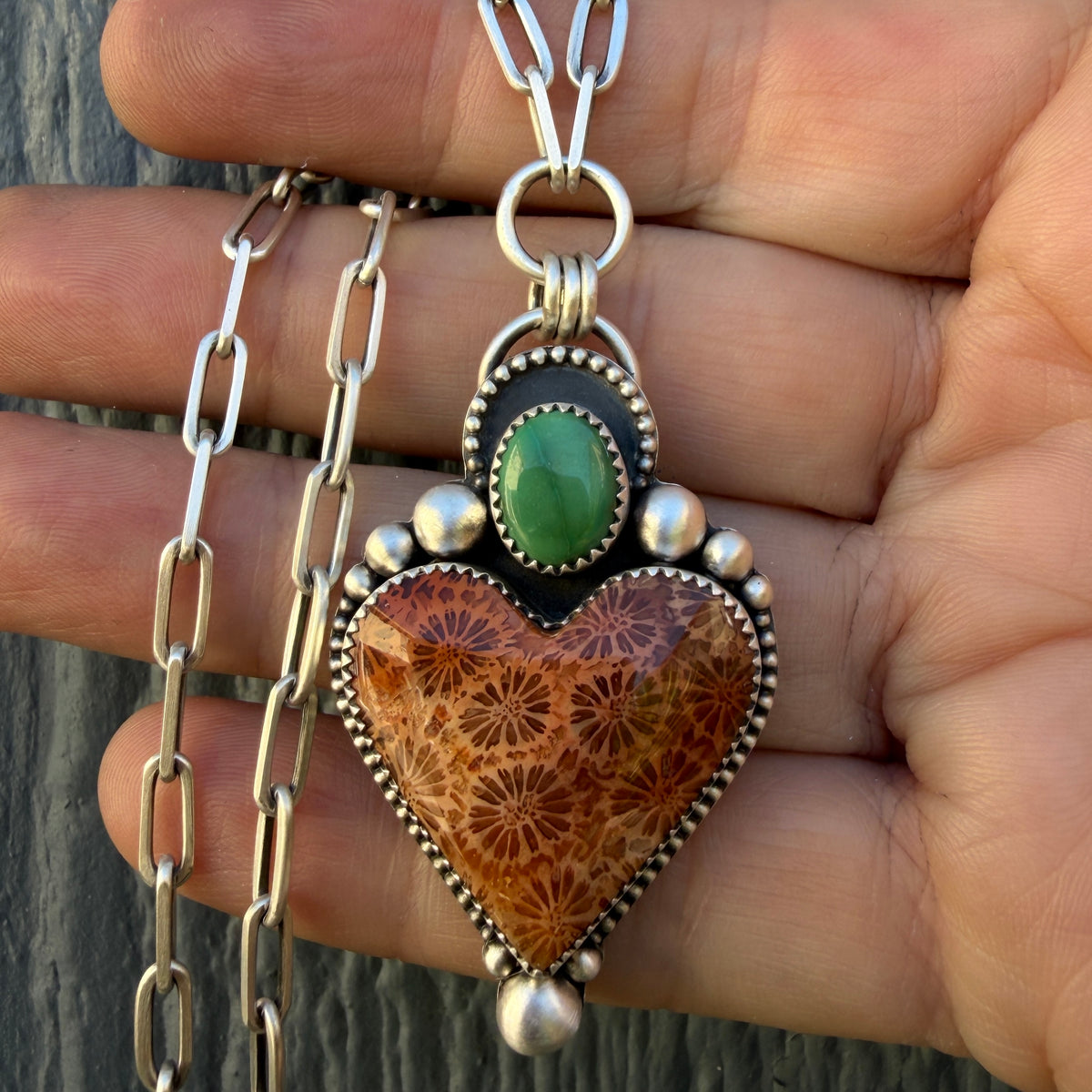 Fossilized Coral and Lone Mountain Turquoise Paperclip Chain Heart Necklace