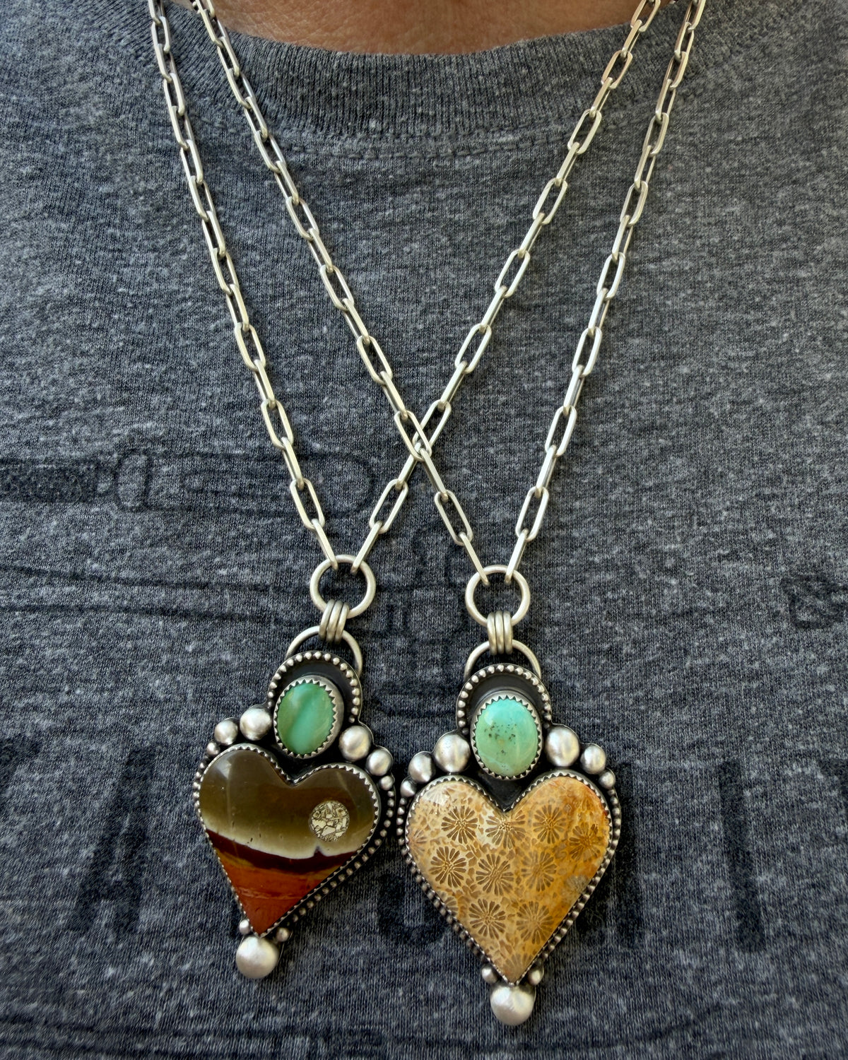 Polychrome Jasper Moonscape  and Lone Mountain Turquoise Paperclip Chain Heart Necklace
