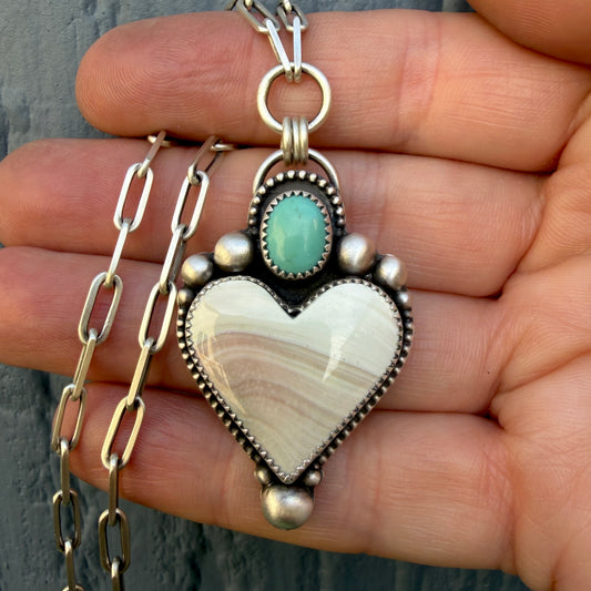 Shiva Shell and Sleeping Beauty Turquoise Sterling Silver Heart Necklace