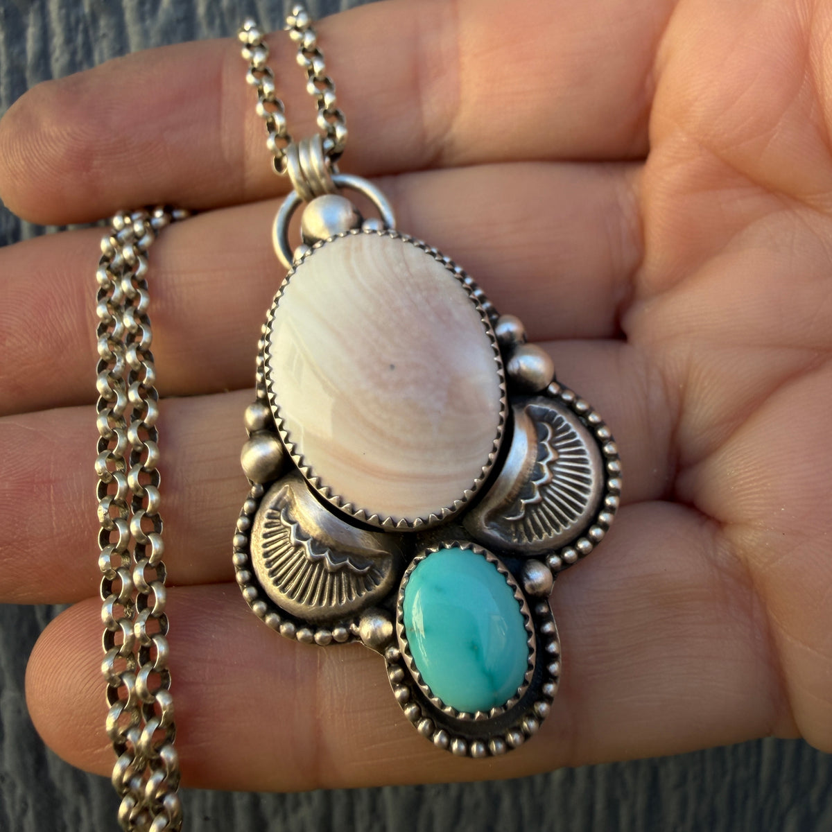 Shiva Shell and Lone Mountain Turquoise Hand Stamped Necklace