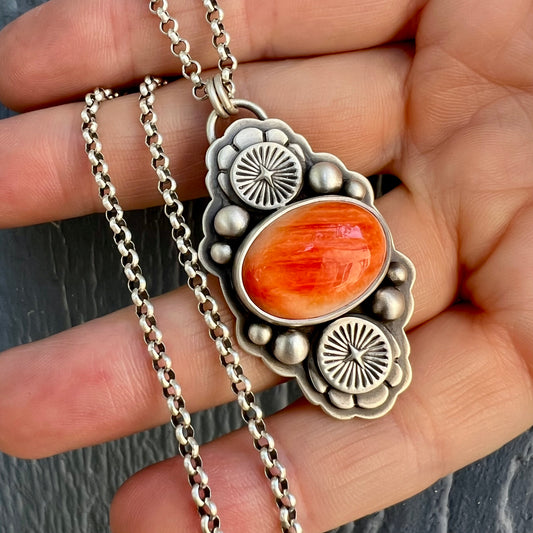 Orange Blossom Pendant – Handmade Sterling Silver Necklace with Spiny Oyster Shell & Hand-Stamped Detail