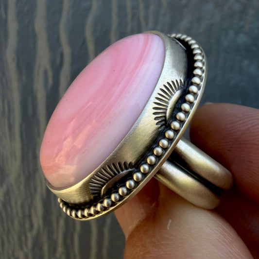 Hand Stamped Pink Queen Conch Shell Ring Size 7